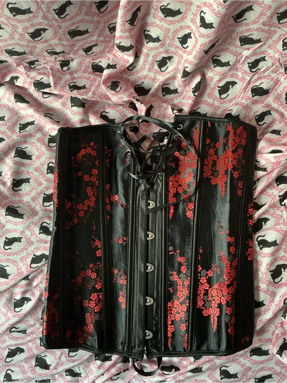 Black Satin Red Floral Corset Top